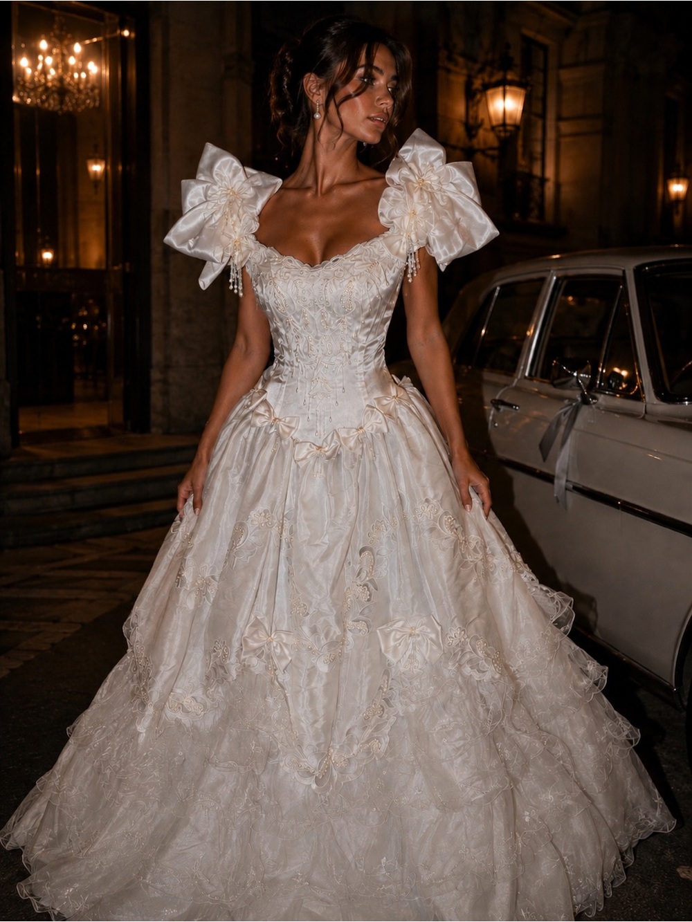 Vintage 1980s Satin White Taffeta Wedding Dress Bows Pearls Ball Gown Fits 4/6